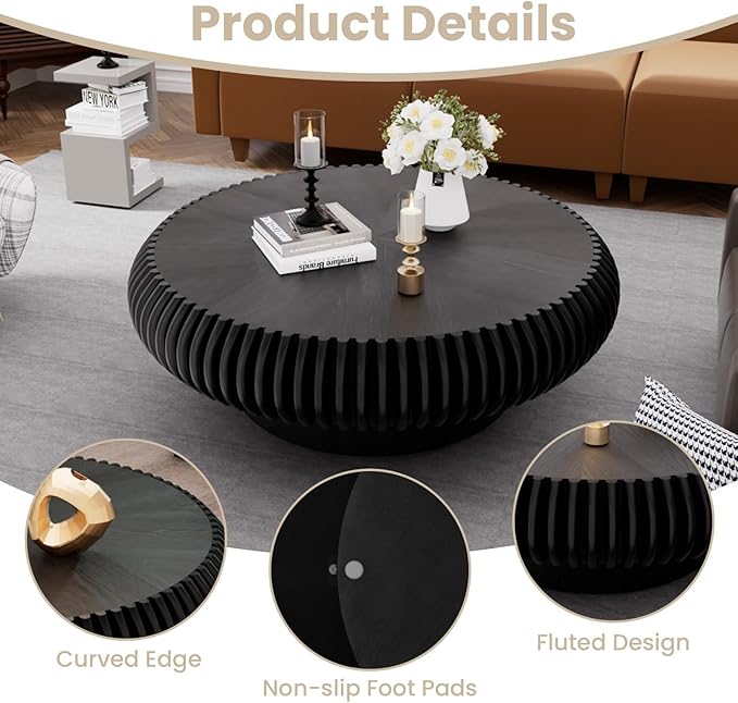 Round Fluted Coffee Table Modern Handcraft Drum Coffee Table with Sturdy Pedestal 39.37" Farmhouse Center Table Tea Table for Living Room, Reception Room, Entertainment Room (Black 39.37")