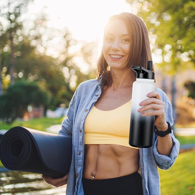 DOMICARE 40 oz Insulated Water Bottle, Vacuum Insulated Stainless Steel Sports Water Bottle with Straw Lid & Spout Lid, Leakproof, Reusable - Travel, Camping, Bike, Black White Gradient