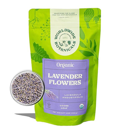 Worldwide Botanicals Organic Lavender Flowers, 4 ounces, Pure European Lavender buds, Perfect for Aromatherapy, Sachets, Wedding celebrations, Tea flavoring, Eye pillows Scenting The Home