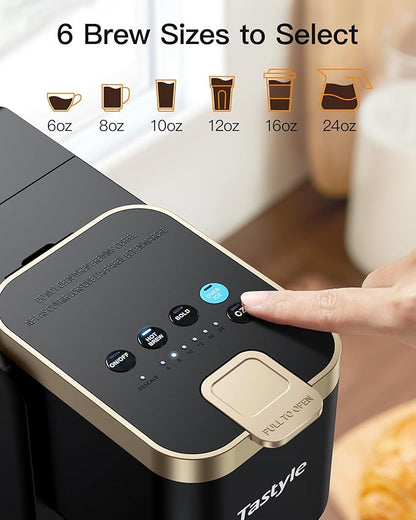 Single Serve Hot & Iced Coffee Maker with Strong Brew, 40oz Removable Reservoir, 6 Brew Sizes, Compatible with K Cup and Grounds, Compact for Home, Office, RV, Black & Gold (2.0 Version)