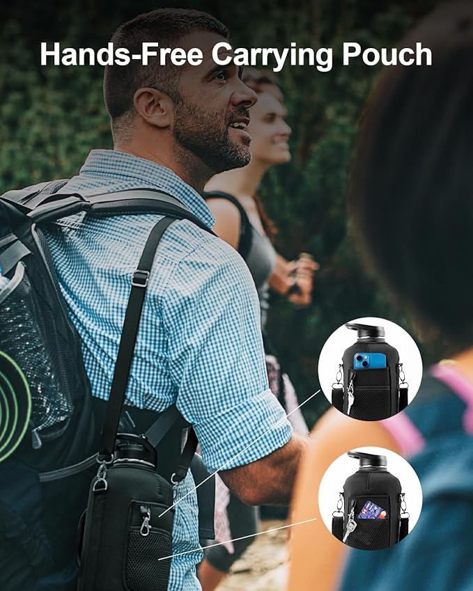 Trebo Half Gallon Water Bottle Insulated with Handle, 64 oz Double Wall Stainless Steel Metal Large Jug, Travel Flask with Straw Spout Lid, Mug Tumbler Cup with Carry Pouch, Keep Cold Hot, Blue