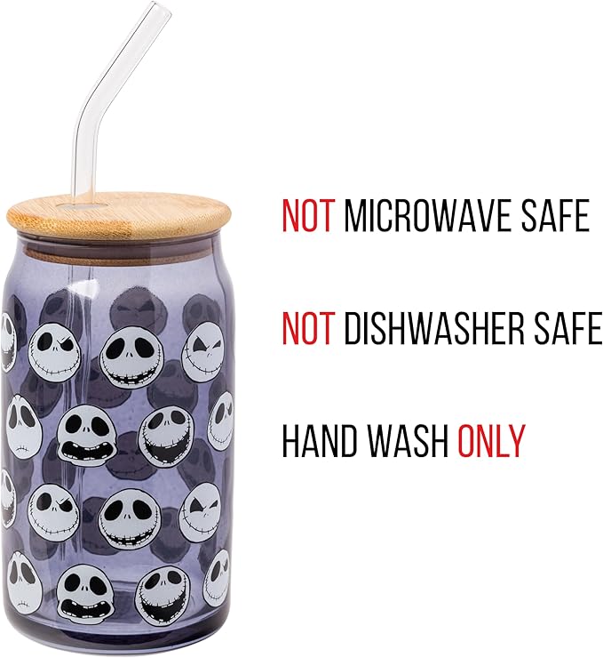 Silver Buffalo Disney Tim Burton Nightmare Before Christmas Jack Skellington Expressions Gray Glass Jar Tumbler with Bamboo Lid and Glass Straw, 16 Ounces