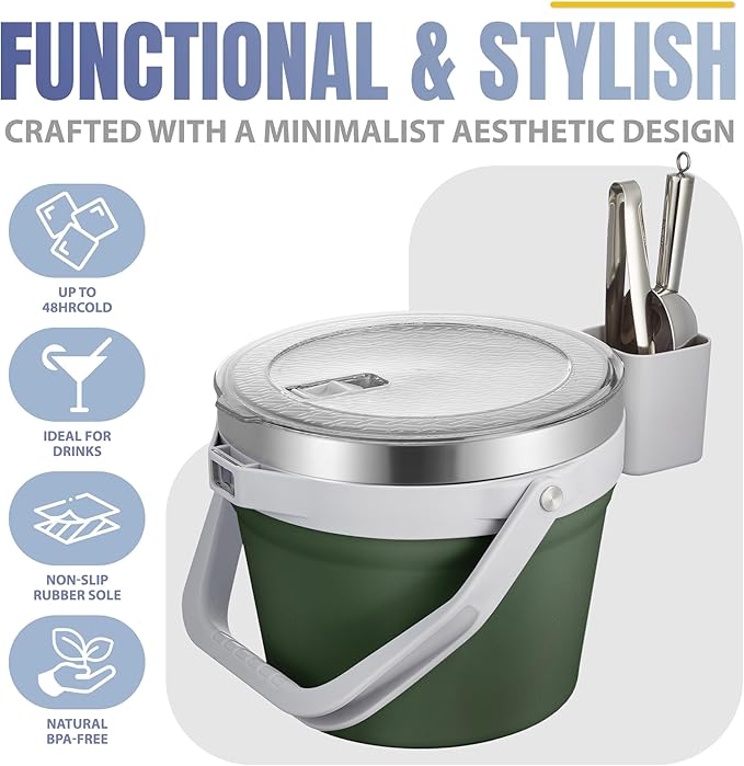 COKTIK 7L Vacuum Insulated Ice Bucket with Lid and Scoop& Tongs，Large capacity Stainless Steel Beverage Bucket for Cocktail, Champagne, Wine, Beer，Large Parties（Army Green Suit）