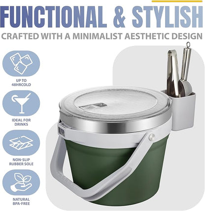 COKTIK 7L Vacuum Insulated Ice Bucket with Lid and Scoop& Tongs，Large capacity Stainless Steel Beverage Bucket for Cocktail, Champagne, Wine, Beer，Large Parties（Army Green Suit）