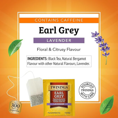 Twinings Earl Grey Lavender Black Tea Individually Wrapped Bags, 20 Count (Pack of 1), Citrus, Bergamot & Floral, Caffeinated, Enjoy Hot or Iced, 20 Teabags