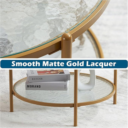 VINGLI 25.6" Small Matte Gold Round Coffee Table Water-Wave Glass Circle Clear Coffee Table, Center Table with 2-Tier Modern Storage Design for Living Room, Bedroom, Meeting Room, Balcony, Patio