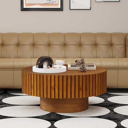 Handmade Round Grooved Drum-Shaped Coffee Table、Rustic Modern Circular Centerpiece for Living Room & Farmhouse Decor、Easy to Clean (D Wood 31in)