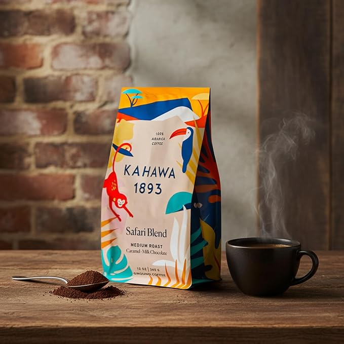 Kahawa 1893 Ground Coffee Medium Roast Safari Blend 12 Oz - As Seen on Shark Tank, High Antioxidants, Naturally Sweet, Organically Grown, Ethically & Sustainably Sourced