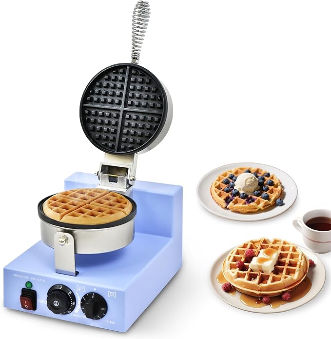Commercial Waffle Maker, 1200W Round Waffle Iron Machine with Timer & Temp Control, Nonstick Plates, Heat-Resistant Shockproof Non-Conductive Plastic Body (110V, Sky Blue)