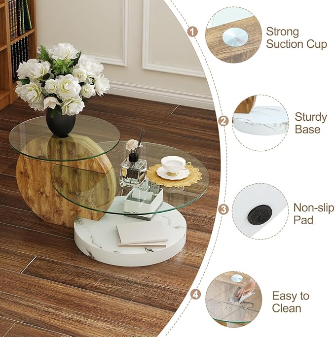 35 Inch Glass Coffee Table，Round Coffee Table with 2-Tier Tempered Glass Tabletop，Easy to Clean Circle Coffee Table with Sturdy Base for Living Room，Office （Brown & White Marble Colored Base）