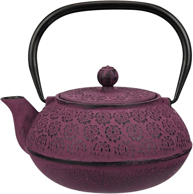 30 oz Cast Iron Teapot Enamel Lining W/Metal Infuser Tea Kettle, Purple