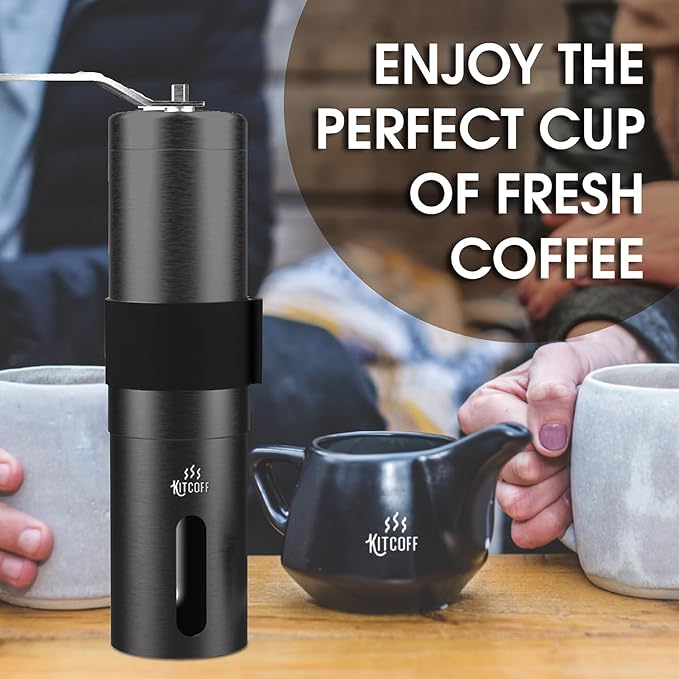 Manual Coffee Grinder — Stainless Steel Conical Burr Coffee Bean Grinder with Hand Crank, 18 Adjustable Settings, Storage Pouch and Sturdy Grip — Portable Coffee Grinder for Camping or Travel