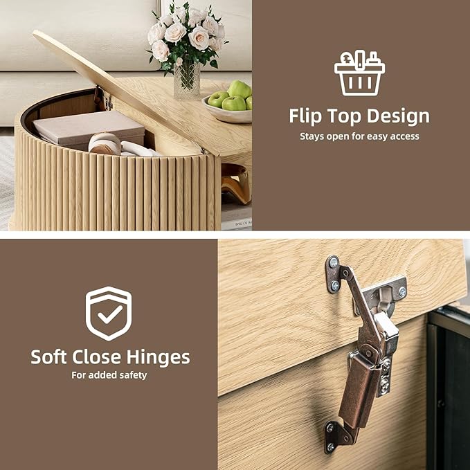 Round Coffee Table with Storage,31.5" Modern Coffee Table with Sliding Tambour Door & Bun Feet,Fluted Accent Center Table for Living Room,Home Small Space,Oak