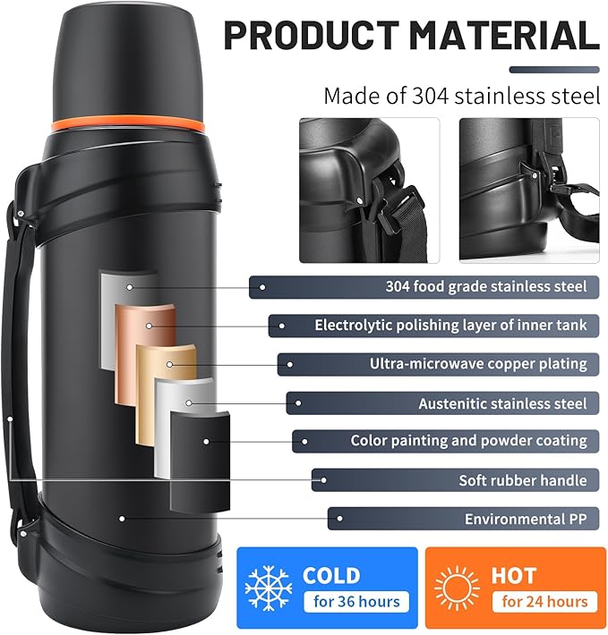 Large Thermosflask- 85oz Stainless Steel Insulated Bottle for Travel with BPA Free Cup - 2.5L Oversized Vacuum Insulated Thermoses with Handle and Strap for Hot & Cold Drinks(Black)