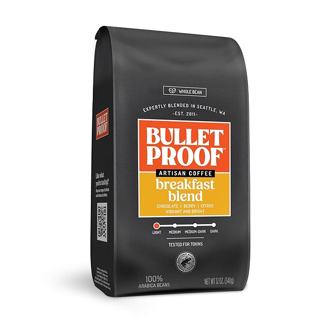 Bulletproof Breakfast Blend Light Roast Whole Bean Coffee, 12 Ounces, 100% Arabica Beans, Clean Coffee Tested for Toxins, Packaging May Vary