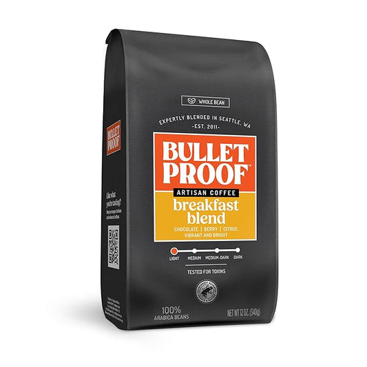 Bulletproof Breakfast Blend Light Roast Whole Bean Coffee, 12 Ounces, 100% Arabica Beans, Clean Coffee Tested for Toxins, Packaging May Vary
