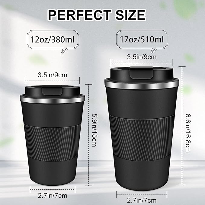 Coffee Travel Mug 12 oz & 17 oz Insulated Coffee Mug with Lid Portable Spill-Proof Coffee Travel Mug No Handle Reusable Stainless Steel Mug Keeps Cold and Hot Suitable for Car, Daily, Travel and Gifts
