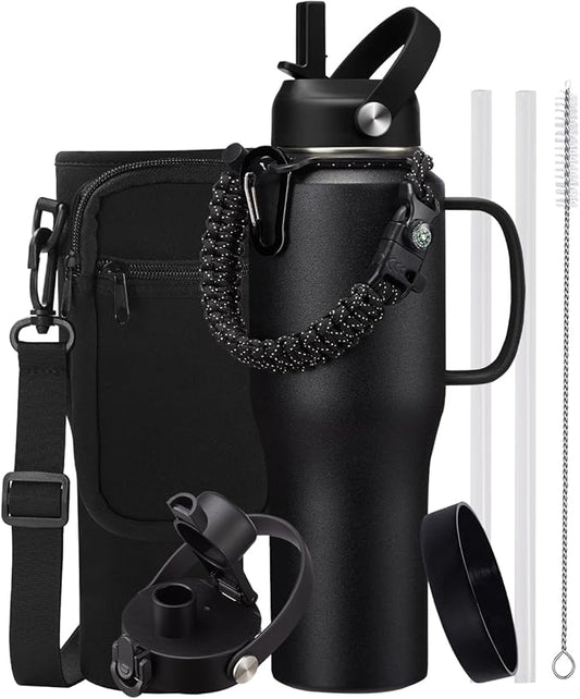 32oz 40oz Insulated Water Bottle with Handle - Straw & Auto Spout Lid, Protective Boot, Stainless Steel Water Bottle with Carrier Bag, Leak-proof Coffee Tumbler, Water Flask Fit in Car Cup Holder