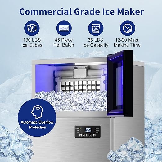 Commercial Ice Maker 130 LBS/24H, Upgraded 15" Wide Under Counter Ice Maker with 35LBS Ice Capacity, Commercial Ice Machine Self Clean Stainless Steel Built-in or Freestanding Large Ice Machine