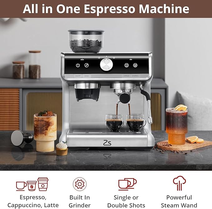 Semi-Automatic Espresso Machine - 1450W/20 Bar Professional Coffee Machine,30Grinder Settings, Fast Heating, Milk Frother Steam Wand, Home & Hotel Use, Silver