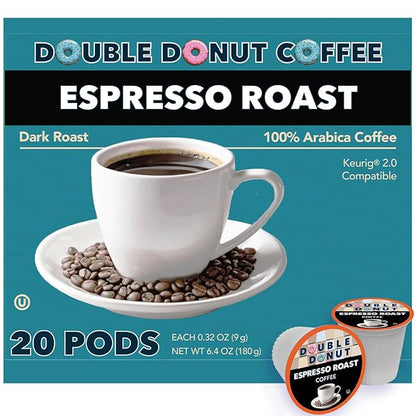 Double Donut Coffee Espresso Roast Blend in Recyclable Single Serve Espresso Pods for the Keurig K Cup Machine, 20 Count