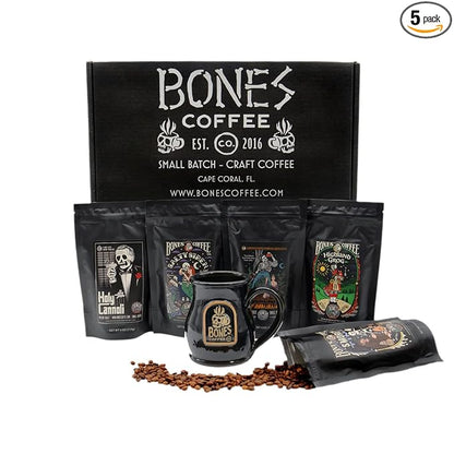 Bones Coffee Company Favorite Flavors Sample Pack Box Set with Specialty Coffee Mug, 5 Assorted Single-Origin Low Acid Medium Roast Arabica Beans Flavored Coffee Gifts, 4 oz Pack of 5 Ground