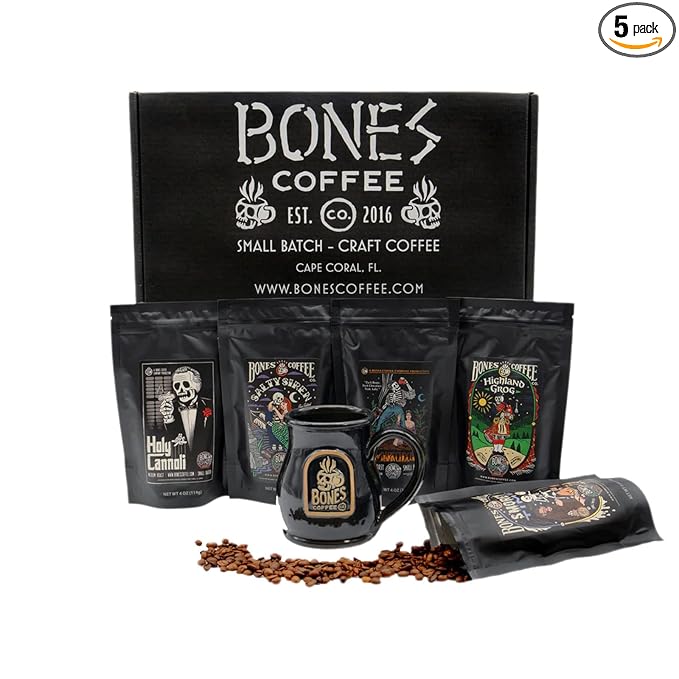 Bones Coffee Company Favorite Flavors Sample Pack Box Set with Specialty Coffee Mug, 5 Assorted Single-Origin Low Acid Medium Roast Arabica Beans Flavored Coffee Gifts, 4 oz Pack of 5 Whole Bean