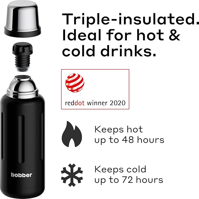 BOBBER 34 oz Stainless Steel Travel Thermos for Hot and Cold Drinks – Dishwasher Safe Metal Water Bottle with Cup Lid – Keeps Hot for 48 Hours – BPA-Free, Vacuum Insulated (Black Coffee)