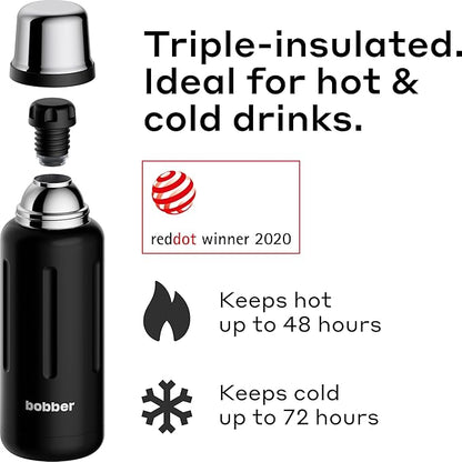 BOBBER 34 oz Stainless Steel Travel Thermos for Hot and Cold Drinks – Dishwasher Safe Metal Water Bottle with Cup Lid – Keeps Hot for 48 Hours – BPA-Free, Vacuum Insulated (Black Coffee)