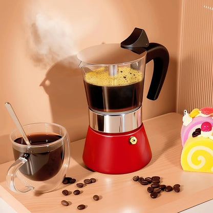 Induction Moka Pot, 4 Cups (7.1 oz) Crystal Glass-Top & Stainless Steel Moka Pot, Classic Stovetop Espresso Maker, Red