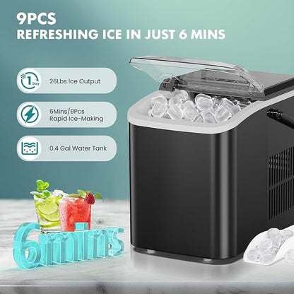OLIXIS Ice Maker Machine with Handle,26lbs in 24Hrs,9 Ice Cubes in 6 Mins,Auto-Cleaning Portable Ice Maker with Basket and Scoop, Countertop Ice Maker for Home/Kitchen/Camping/RV, Bright Black