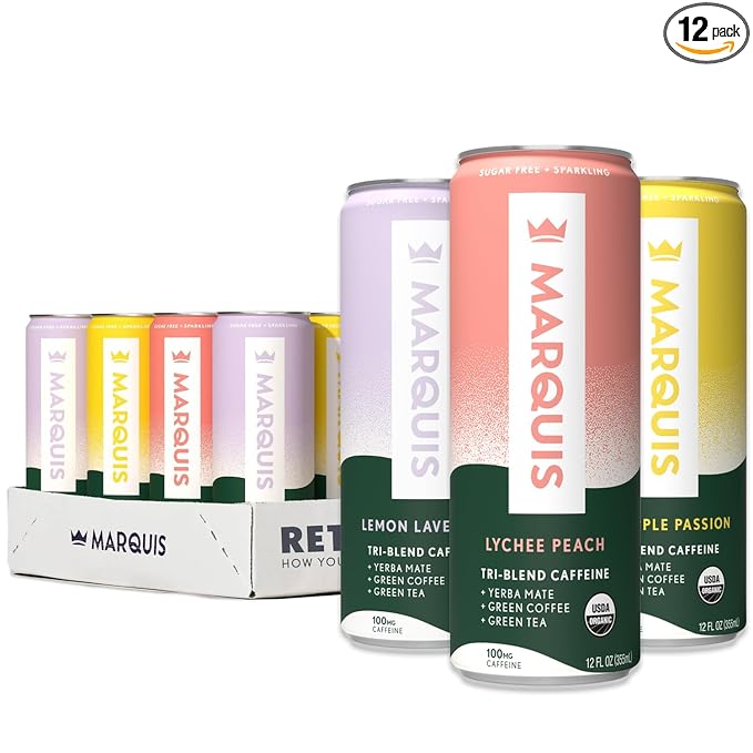Marquis - Natural Energy Drink - Sugar Free - 0 Calories - 100mg of Organic Plant Based Caffeine - Yerba Mate - Green Tea - Vitamin C & B Vitamins - Vegan - 12 oz Cans - 12 Pack (Innovation Variety)