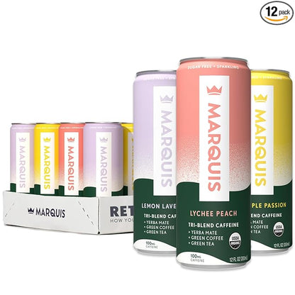 Marquis - Natural Energy Drink - Sugar Free - 0 Calories - 100mg of Organic Plant Based Caffeine - Yerba Mate - Green Tea - Vitamin C & B Vitamins - Vegan - 12 oz Cans - 12 Pack (Innovation Variety)