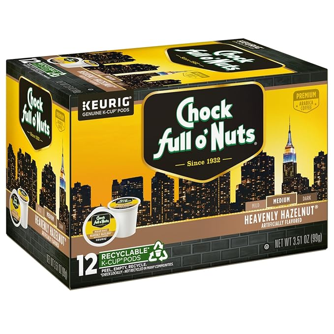 Chock Full o'Nuts Heavenly Hazelnut Coffee, Compatible with K-Cup Pods, 12 CT (Pack of 4)