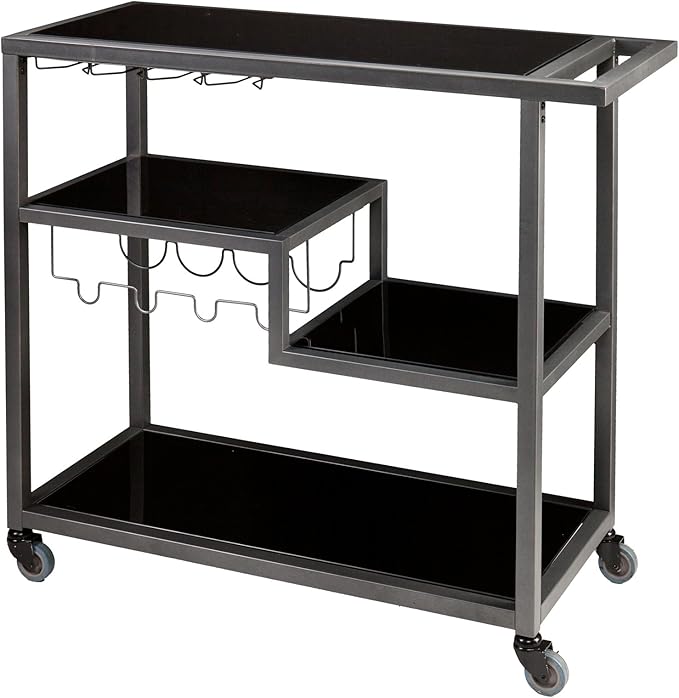 SEI Furniture Zephs Metal and Tempered Glass Locking Castor Wheels Bar Cart, 40 W x 16 D x 37.25 H, Gunmetal, Black