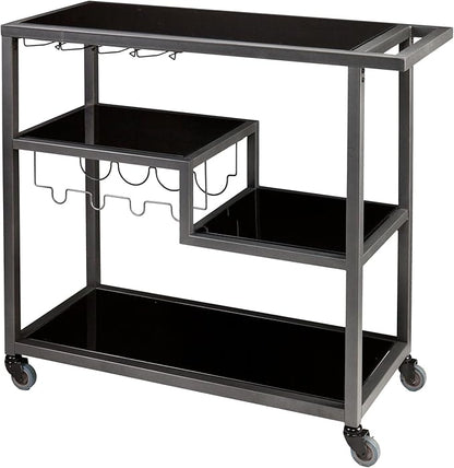 SEI Furniture Zephs Metal and Tempered Glass Locking Castor Wheels Bar Cart, 40 W x 16 D x 37.25 H, Gunmetal, Black