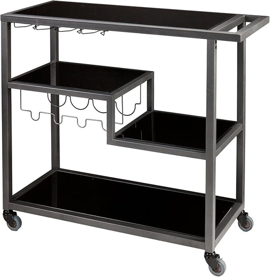 SEI Furniture Zephs Metal and Tempered Glass Locking Castor Wheels Bar Cart, 40 W x 16 D x 37.25 H, Gunmetal, Black