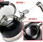 Load image into Gallery viewer, Emeril Lagasse 2.6 Quart/2.5 Liter Whistling Tea Kettle, Stainless Steel Tea Pot for Induction Stove Top, Fast to Boil Water for Home Kitchen Condo, w/Ergonomic Cool Folding Grip Handle, Black/Chrome