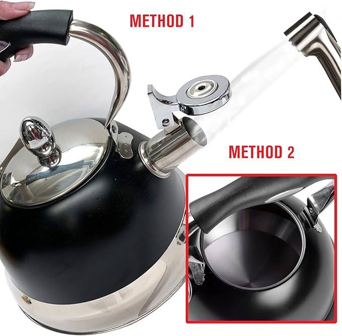 Emeril Lagasse 2.6 Quart/2.5 Liter Whistling Tea Kettle, Stainless Steel Tea Pot for Induction Stove Top, Fast to Boil Water for Home Kitchen Condo, w/Ergonomic Cool Folding Grip Handle, Black/Chrome