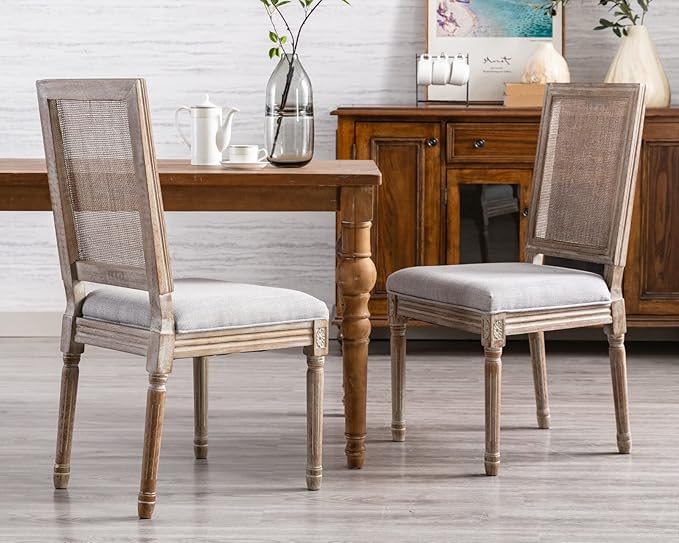 CIMOTA Farmhouse Dining Chairs Set of 8, French Rattan Dining Room Chairs with Rectangle Back/Distressed Wood Upholstered Vintage Side Chairs for Kitchen/Restaurant, 8PCS/Grey