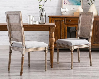 CIMOTA Farmhouse Dining Chairs Set of 8, French Rattan Dining Room Chairs with Rectangle Back/Distressed Wood Upholstered Vintage Side Chairs for Kitchen/Restaurant, 8PCS/Grey
