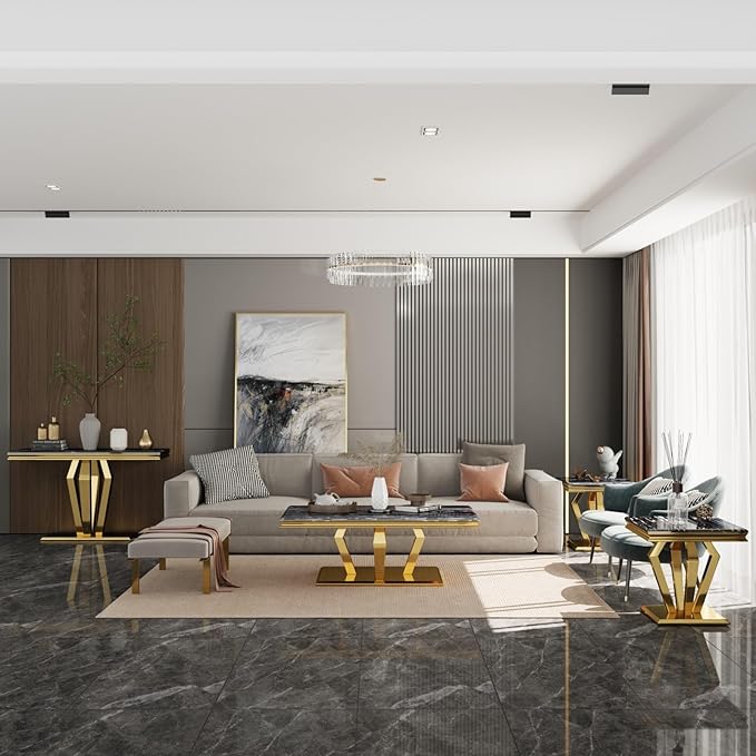 3 Piece Living Room Table Set of 3, Luxury Black and Gold Coffee Table Set with Console Table and End Table for Home Office 1Coffee+1Console+1End