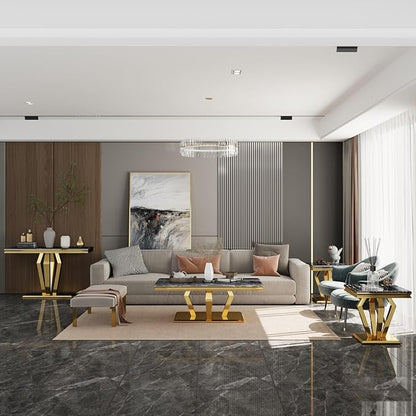 3 Piece Living Room Table Set of 3, Luxury Black and Gold Coffee Table Set with Console Table and End Table for Home Office 1Coffee+1Console+1End