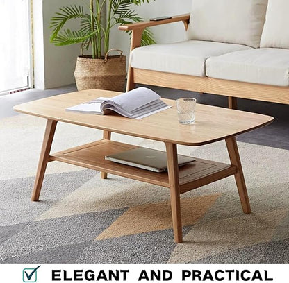 Wood Coffee Table - 2-Tier Oak Center Coffee Table with Storage Shelf for Living Room, Apartment, and Office