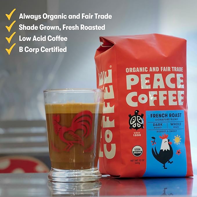 Peace Coffee French Roast | 5 lb Ground Dark Roast | Organic Fair Trade | Soft, Gentle Flavor | Shade Grown, Fresh Roasted