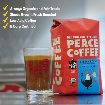Peace Coffee French Roast | 5 lb Ground Dark Roast | Organic Fair Trade | Soft, Gentle Flavor | Shade Grown, Fresh Roasted