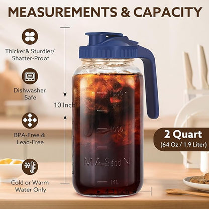 Glass Pitcher with Lid, 64 OZ Mason Jar Pitcher Double Leak Proof, 2 Quart Breast Milk Storage Containers for Fridge, Wide Mouth Glass Jar for Sun Tea, Juice, Cold Brew Coffee