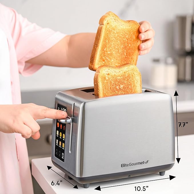 Elite Gourmet ECT2899 LCD Touch Toaster, 2 Extra-Wide Slots, 6 Toast Shades, 6 Preset Menus Including Bagel Waffle Gluten-Free, Defrost Reheat Cancel Functions, Stainless Steel