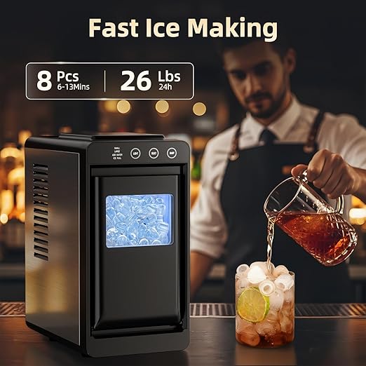 Antarctic Star Ice Maker, 26lbs in 24Hrs, 8 Cubes in 6 Mins, 0.8L Tank & 1.1lb Storage, Auto Clean with Basket & Scoop, Portable for Home/Kitchen/Camping/RV