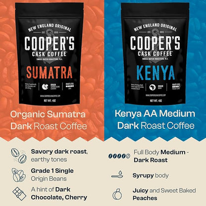Gourmet Coffee Sampler Gift Box Set, Roasted Coffee Beans, Sumatra Dark, Kenya AA Medium-Dark, Rwanda Medium, Natural Ethiopian Light, Whole Bean, 4 Bags, 16 oz Total